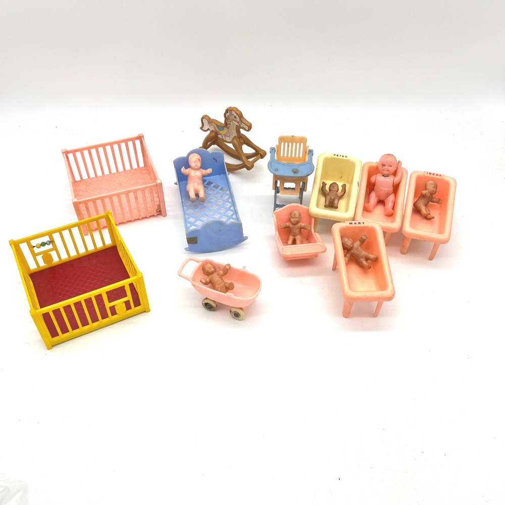 Vintage Renwal Dollhouse Furniture Nursery Set Playpen Cribs Dolls 1950s Plastic